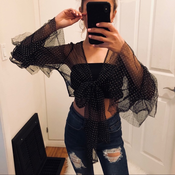 🍒 LAST ONE Black Mesh Cropped Top with Gold Dots - Picture 4 of 6